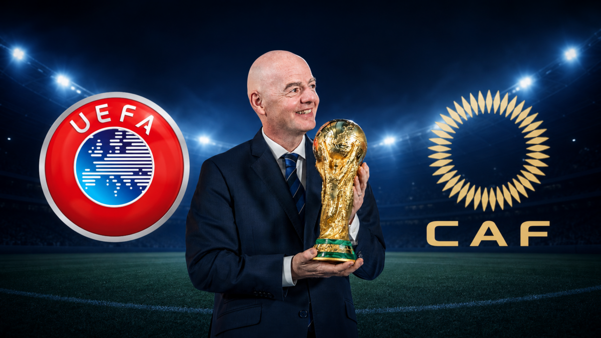 Gianni Infantino entre les logos de l’UEFA et de la CAF dans le débat sur FIFA Forward Enterprise