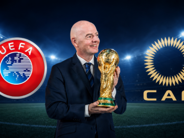 Gianni Infantino entre les logos de l’UEFA et de la CAF dans le débat sur FIFA Forward Enterprise